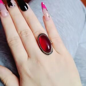 Vintage silver color Red Oval Ring adjustable